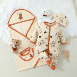 0-9M Baby 4pcs Bear Print Jumpsuits & Hats & Bibs & Sleeping Bag  Baby Clothing   