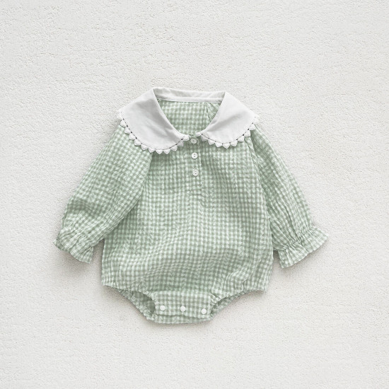 3-18M Baby Long Sleeve Doll Collar Plaid Bodysuit  Baby Clothes   
