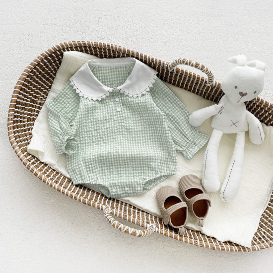 3-18M Baby Long Sleeve Doll Collar Plaid Bodysuit  Baby Clothes   