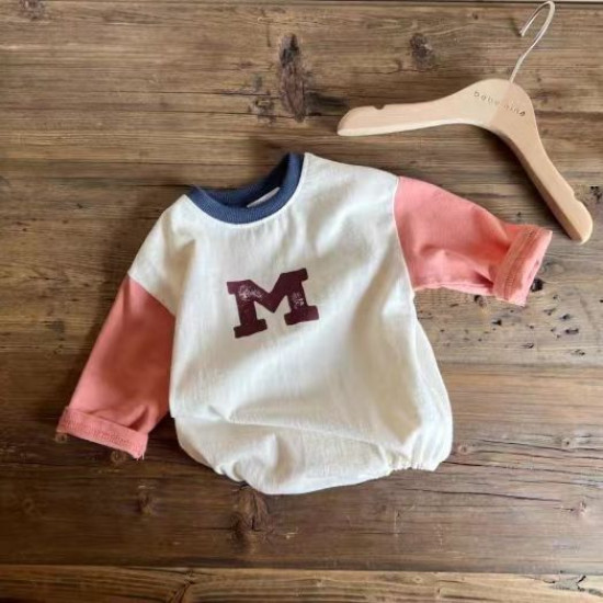 3-18M Baby Spliced Sleeves Round Neck M Letter Bodysuit  Baby Clothing   