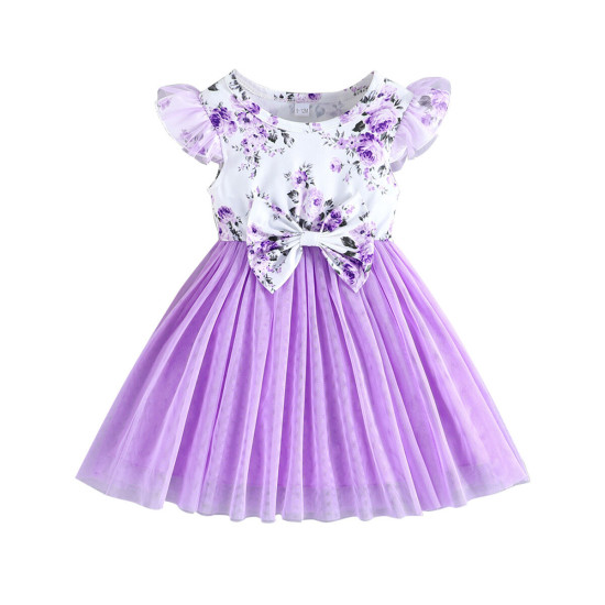 3-24M Baby Girls Flying Sleeve Flower Print Bow Mesh Dresses  Baby Clothes   