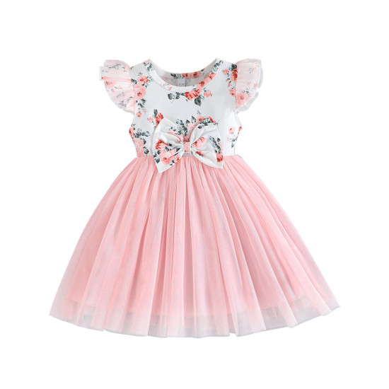 3-24M Baby Girls Flying Sleeve Flower Print Bow Mesh Dresses  Baby Clothes   