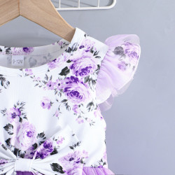 3-24M Baby Girls Flying Sleeve Flower Print Bow Mesh Dresses  Baby Clothes   