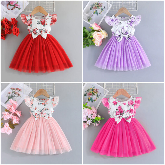 3-24M Baby Girls Flying Sleeve Flower Print Bow Mesh Dresses  Baby Clothes   