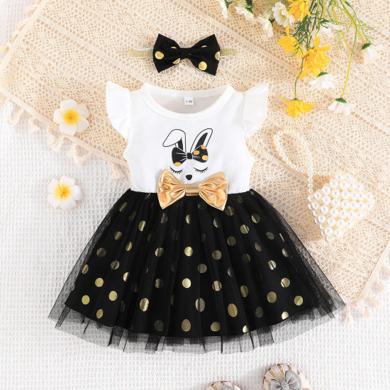 6M-3Y Baby Girls Rabbit Print Mesh Dresses With Headband  Baby Clothing   