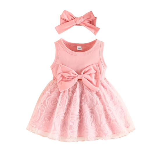 3-24M Baby Girls Bow Mesh Tank Dresses & Headband  Boys Clothing   