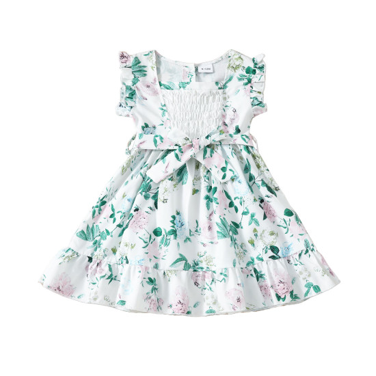 9M-4Y Toddler Girls Sleeveless Floral Casual Square Neck Belt Dresses  Girls Clothes   