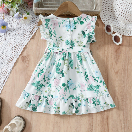 9M-4Y Toddler Girls Sleeveless Floral Casual Square Neck Belt Dresses  Girls Clothes   