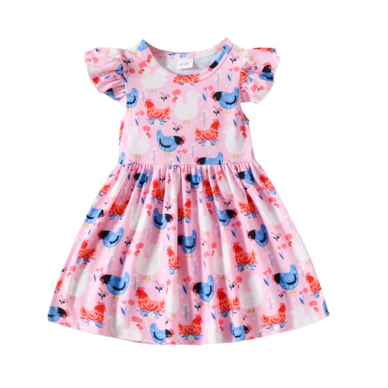 9M-4Y Toddler Girls Flying Sleeve Farm Chicken Print Dresses  Girls Clothes   