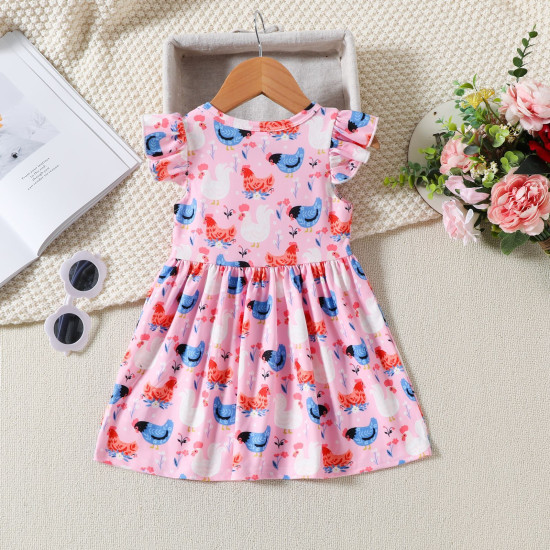 9M-4Y Toddler Girls Flying Sleeve Farm Chicken Print Dresses  Girls Clothes   