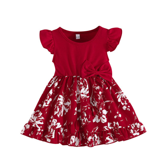 6M-3Y Baby Flying Sleeve Floral Print Patchwork Dresses  Baby Clothing   