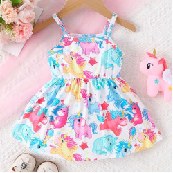 3-24M Baby Girls Sling Cartoon All Over Printed Waist Dresses  Baby Clothes   