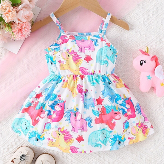 3-24M Baby Girls Sling Cartoon All Over Printed Waist Dresses  Baby Clothes   