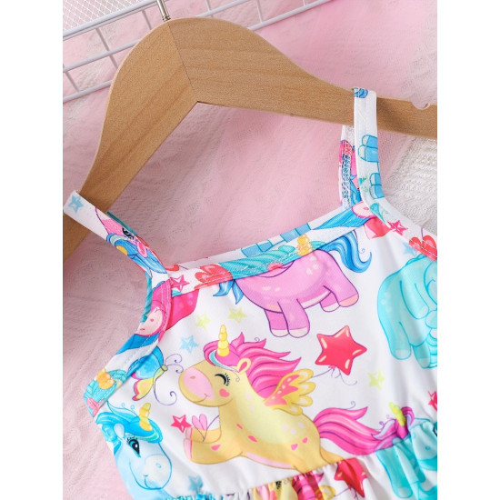 3-24M Baby Girls Sling Cartoon All Over Printed Waist Dresses  Baby Clothes   