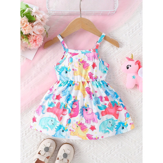 3-24M Baby Girls Sling Cartoon All Over Printed Waist Dresses  Baby Clothes   