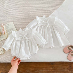 3-24M Baby Girls White Long-Sleeved Baby Doll Collar Bodysuit Or Dresses Sisters Outfit  Baby Clothes   