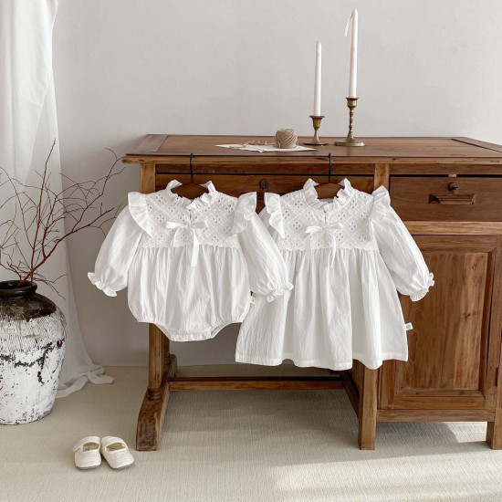 3-24M Baby Girls White Long-Sleeved Baby Doll Collar Bodysuit Or Dresses Sisters Outfit  Baby Clothes   