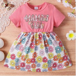 3-24M Baby Girls Letter Short-Sleeved Patchwork Printed Waist Dresses  Baby Clothes   