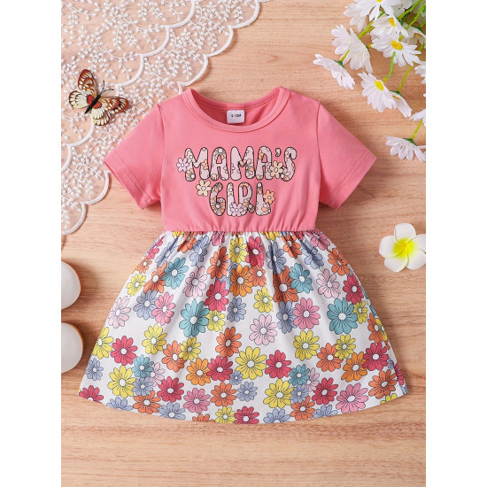 3-24M Baby Girls Letter Short-Sleeved Patchwork Printed Waist Dresses  Baby Clothes   