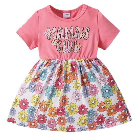 3-24M Baby Girls Letter Short-Sleeved Patchwork Printed Waist Dresses  Baby Clothes   