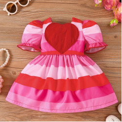3M-3Y Baby Girls Striped Heart Puff Sleeve Dresses  Baby Clothes   