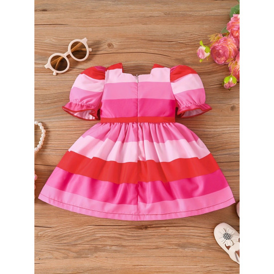 3M-3Y Baby Girls Striped Heart Puff Sleeve Dresses  Baby Clothes   