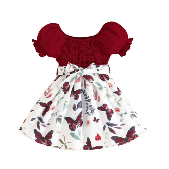 9M-4Y Toddler Girls Sets Flower Smocked Puff Sleeve Dresses With Belt  Girls Clothes   