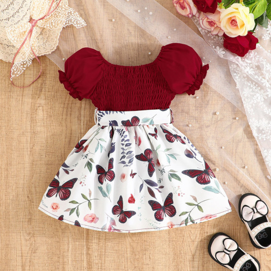 9M-4Y Toddler Girls Sets Flower Smocked Puff Sleeve Dresses With Belt  Girls Clothes   