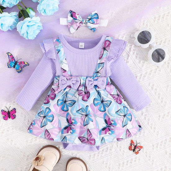 0-18M Baby Girls Butterfly Print Long Sleeve Bodysuit Dress With Headband  Baby Clothes   