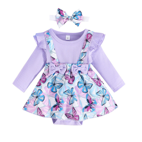 0-18M Baby Girls Butterfly Print Long Sleeve Bodysuit Dress With Headband  Baby Clothes   
