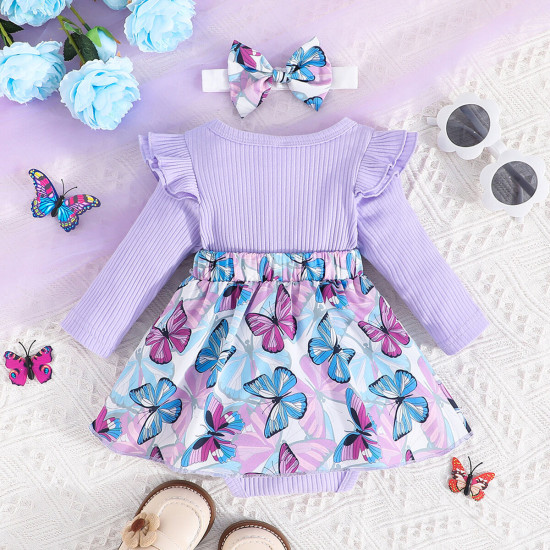 0-18M Baby Girls Butterfly Print Long Sleeve Bodysuit Dress With Headband  Baby Clothes   