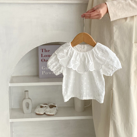3-24M Baby Large Lace Collar Embroidered Flower Puff Sleeved Tops  Baby Clothes   