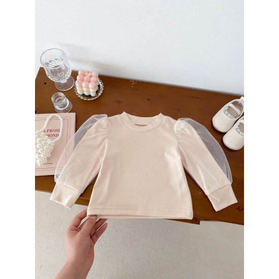 3-24M Baby Girls Solid Color Mesh Puff Sleeve Tops  Baby Clothes   