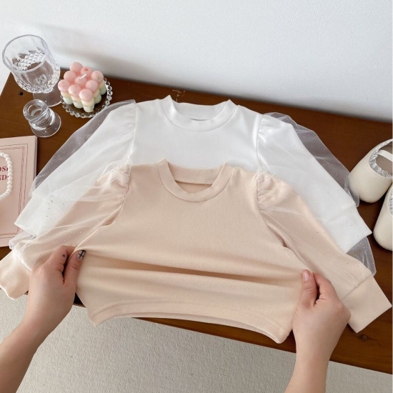 3-24M Baby Girls Solid Color Mesh Puff Sleeve Tops  Baby Clothes   