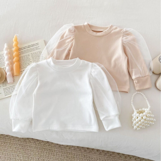 3-24M Baby Girls Solid Color Mesh Puff Sleeve Tops  Baby Clothes   