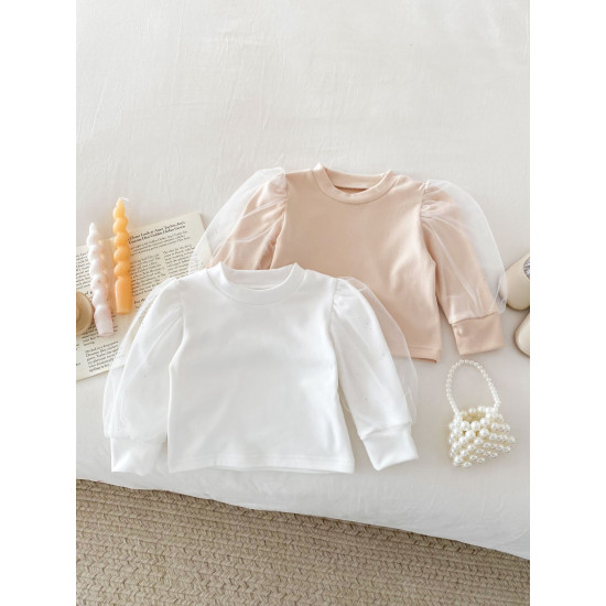 3-24M Baby Girls Solid Color Mesh Puff Sleeve Tops  Baby Clothes   