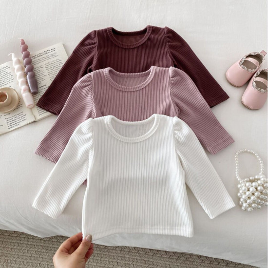 3-24M Baby Girls Solid Color Long Sleeve Ribbed T-Shirts  Baby Clothes   