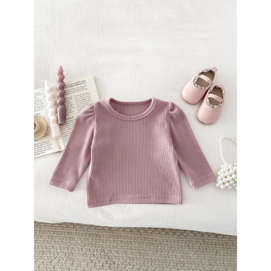 3-24M Baby Girls Solid Color Long Sleeve Ribbed T-Shirts  Baby Clothes   