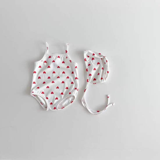 3-24M Baby Cartoon Love Print Sling One-Piece Swimsuit With Hat  Baby Clothes   