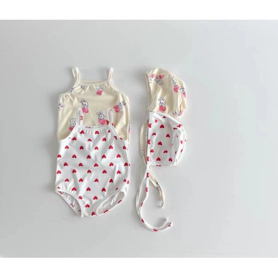 3-24M Baby Cartoon Love Print Sling One-Piece Swimsuit With Hat  Baby Clothes   