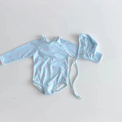 3-24M Baby Floral One Piece Long Sleeve Swimsuit With Hats Two Piece Set  Baby Clothes   