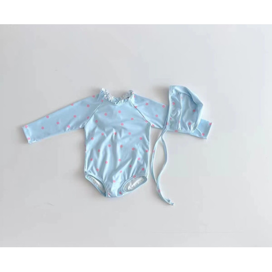 3-24M Baby Floral One Piece Long Sleeve Swimsuit With Hats Two Piece Set  Baby Clothes   
