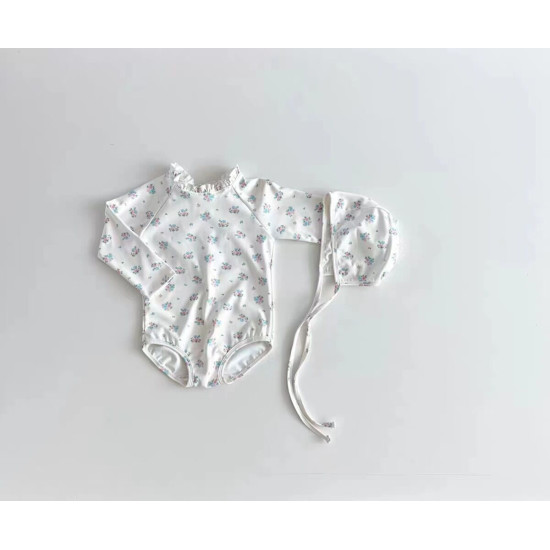 3-24M Baby Floral One Piece Long Sleeve Swimsuit With Hats Two Piece Set  Baby Clothes   