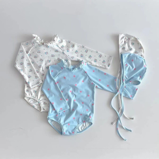 3-24M Baby Floral One Piece Long Sleeve Swimsuit With Hats Two Piece Set  Baby Clothes   