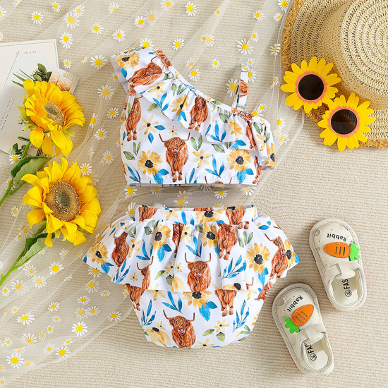 3-24M Baby Girl Swimwear & Beachwear Sets Cartoon Cow Floral Print Diagonal One-Shoulder Camisole Top And Shorts  Baby Clothing   