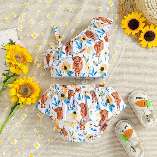 3-24M Baby Girl Swimwear & Beachwear Sets Cartoon Cow Floral Print Diagonal One-Shoulder Camisole Top And Shorts  Baby Clothing   