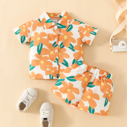 3-24M Baby Boys Floral Lapel Single Breasted Shirts And Shorts  Baby Clothing   