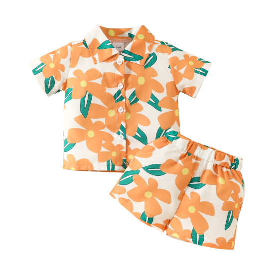 3-24M Baby Boys Floral Lapel Single Breasted Shirts And Shorts  Baby Clothing   