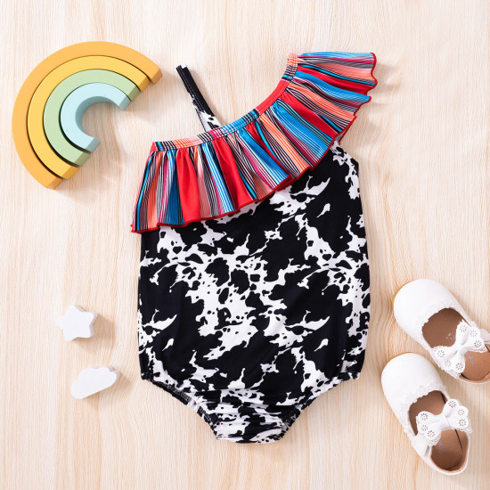 9M-5Y Toddler Girl Cow Print Rainbow Collar Single Shoulder Sling One Piece Swimsuit  Girls Clothes   
