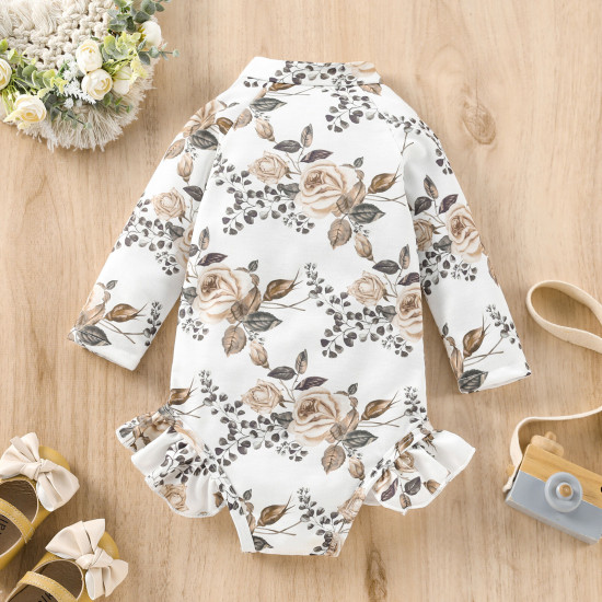 3-24M Baby Onesies Floral Print Zip Ruffle Long Sleeve One Piece Swimsuit  Baby Clothes In Bulk   